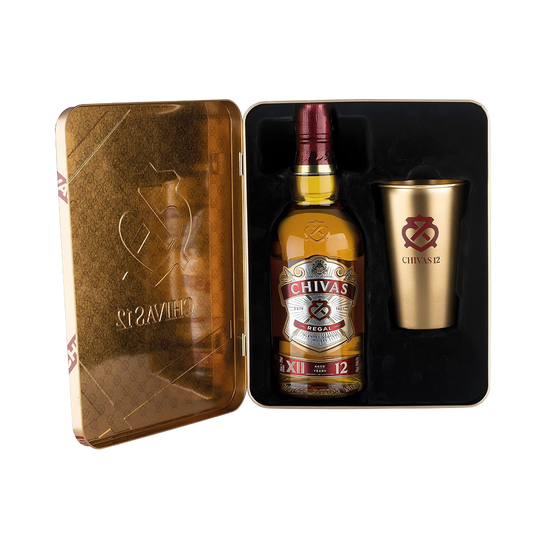 CORAZONES CHIVAS REGAL CON RELIEVE PLATEADO + VASOS CON BORDE DORADO - REGALO  PARA PADRE - Botellas alcohol premium para regalos