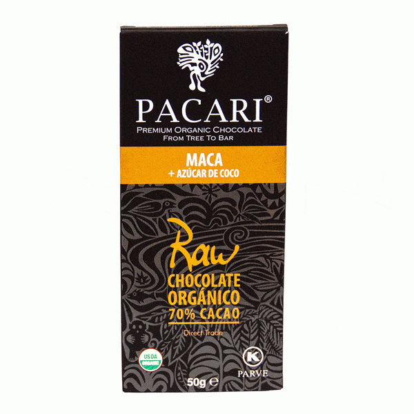 Chocolate Orgánico Pacari RAW 70% Cacao Maca 50g.