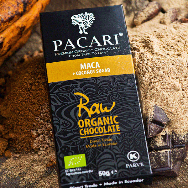Chocolate Orgánico Pacari RAW 70% Cacao Maca 50g.