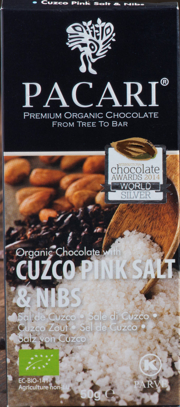 Chocolate Orgánico Pacari Sal de Cuzco y Nibs 50g.