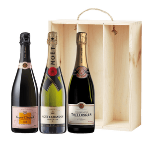 Pack Champagne con Caja Madera 3x750ml Moët+Veuve Rosado+Taittinger.