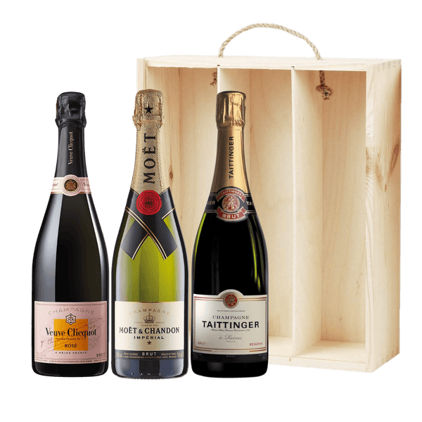 Pack Champagne con Caja Madera 3x750ml Moët+Veuve Rosado+Taittinger.